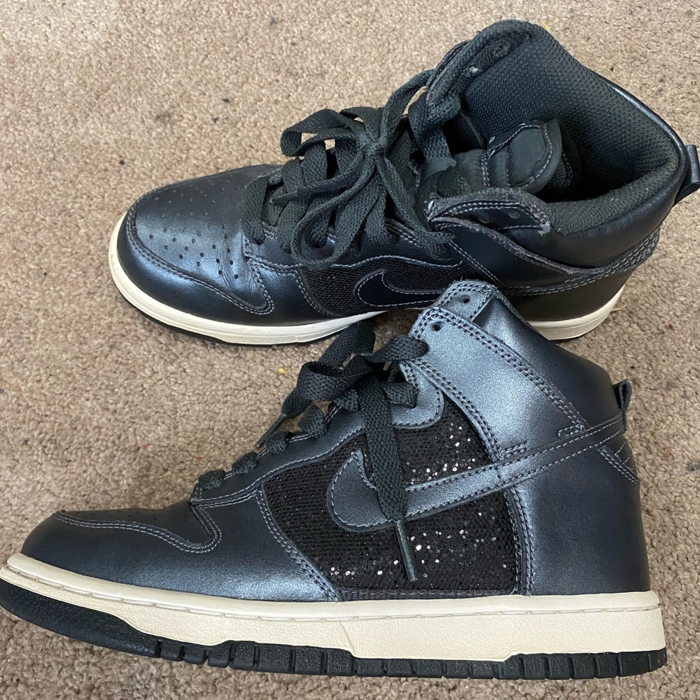 Dark metallic nike high dunks. Size 6 but fits like a 6.5-7 women